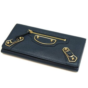 BALENCIAGA Edge Money Bifold Long Wallet Leather Navy Blue